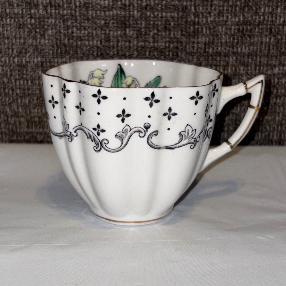 Victoria C&E Bone China Teacup Lily of the Valley England Gold Trim Fluted White